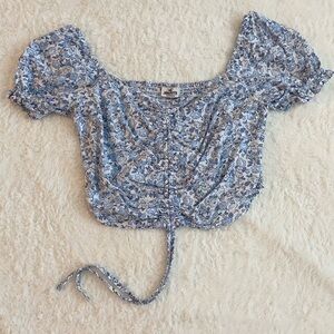 Hollister Blue and White Puff Sleeve Crop Blouse